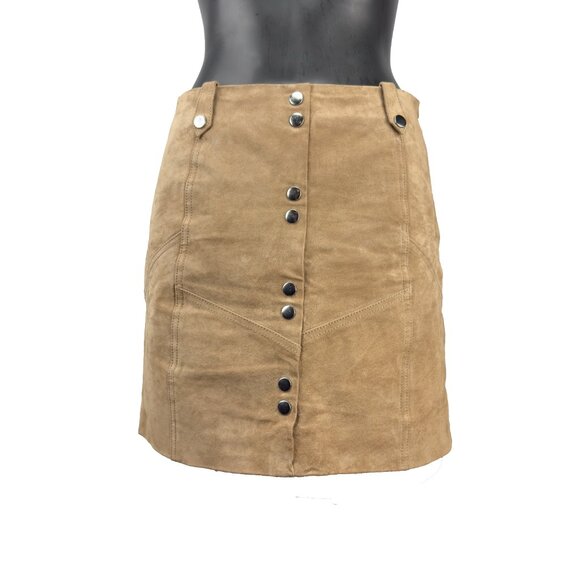 MANGO Genuine Suede‎ Leather Tan Camel Stud Front Belt Loops Lined Mini Skirt S - Picture 2 of 9